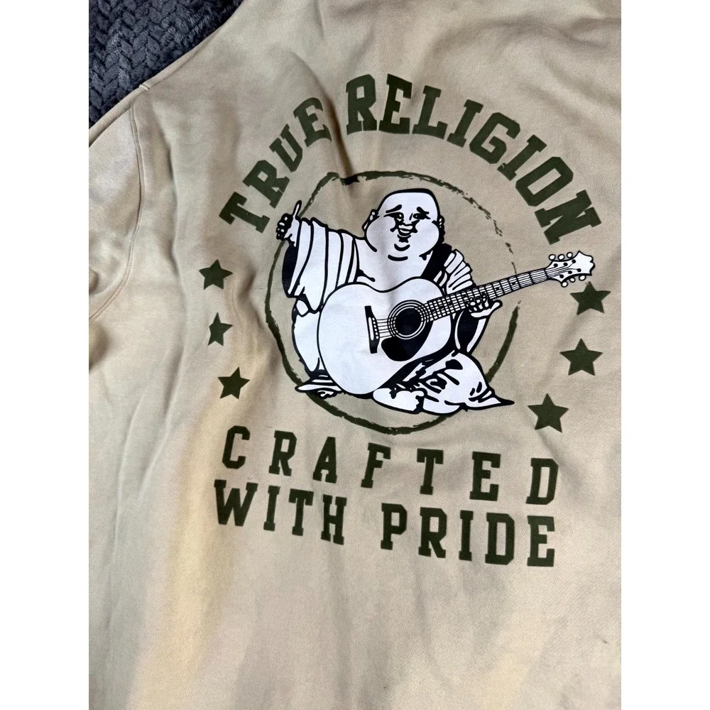 True Religion Buddha‎ Hoodie Mens L Beige Streetwear Graphic on Back Sweatshirt